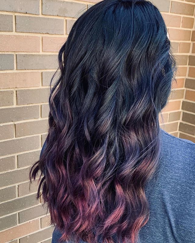 Dark Tumbling Curls With Gentle Magenta Ombre