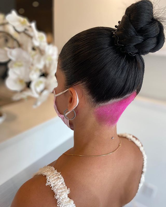  Braided Topknot with Pink Triangle Undercut