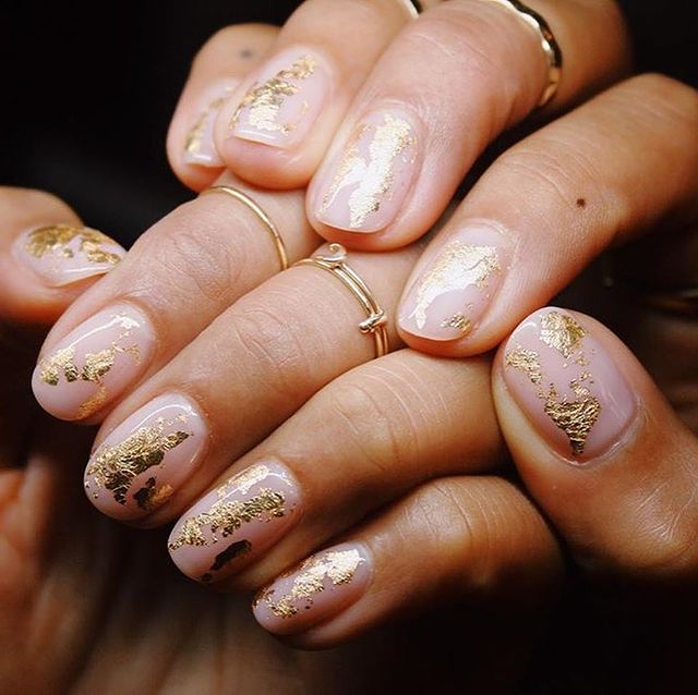Short, Nude Manicure with Gold Foil