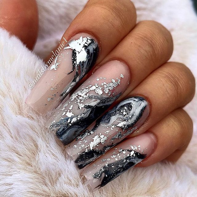 Long Square Nails With Black and Chrome Marbling