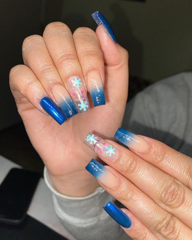 Sexy Blue and Nude Ombre Nails with Snowflakes