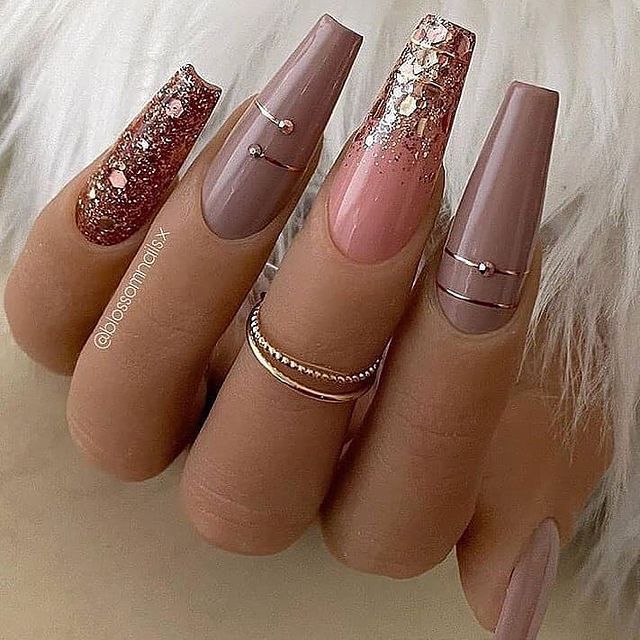 Sexy Square Nails with Rose Gold Shimmer