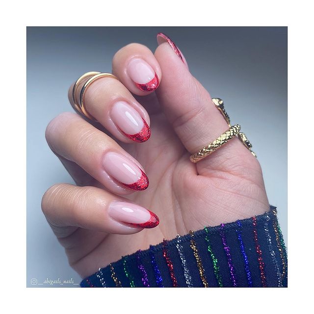 Shimmery Red French Tips with Glossy Topcoat