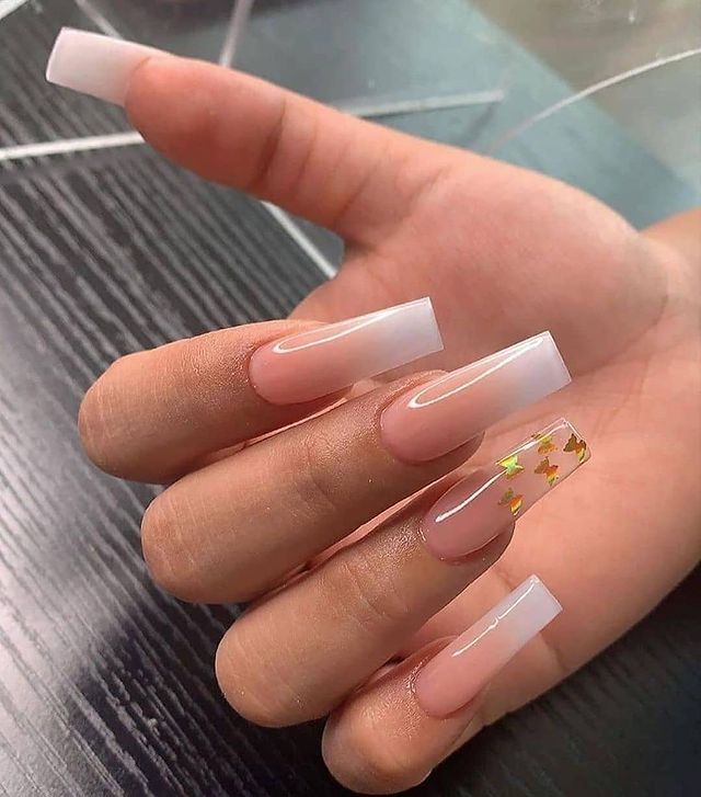 Dazzling Pale Pink Ombre Nails with Gold Decals