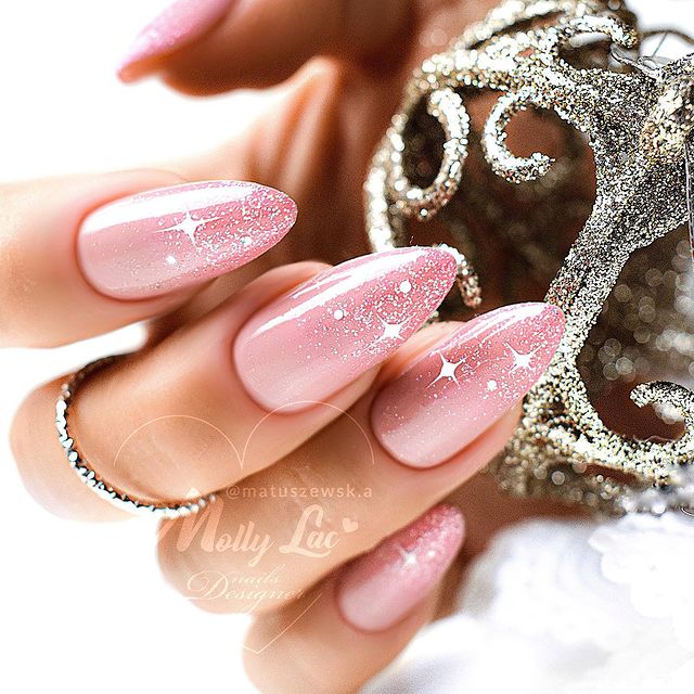 Pointy Pale Pink Nails Pearly Starbursts