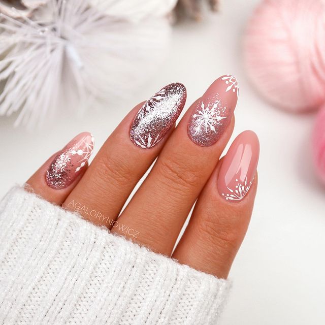Snowcovered Nude Almond Nails