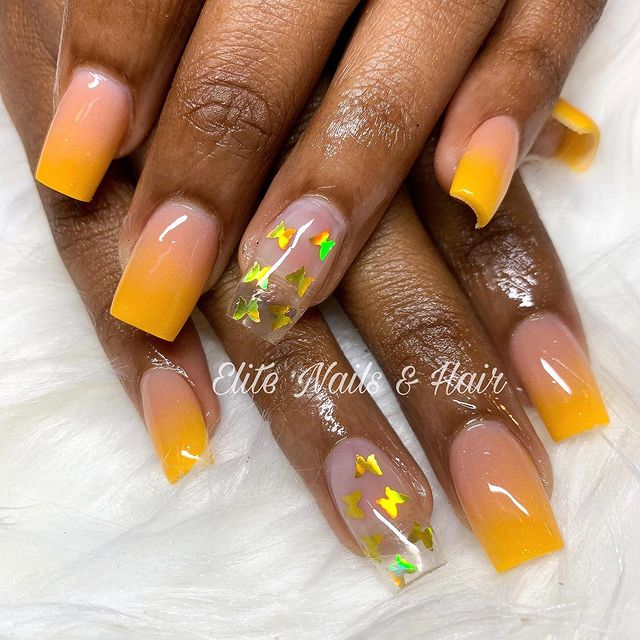 Creamsicle Ombre Nails with Sparkly Butterflies