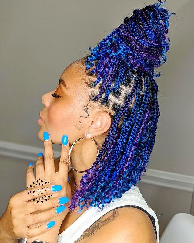 Bohemian Box Braid Updo with Purple and Blue Highlights