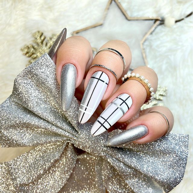 Silver Stiletto Nails with Posh Markings