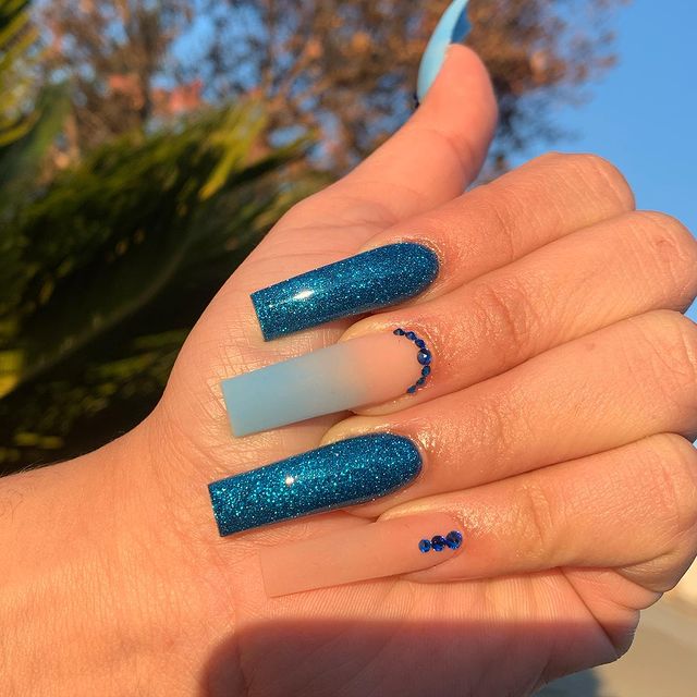 Blue, Nude Nails with Sapphire Accents