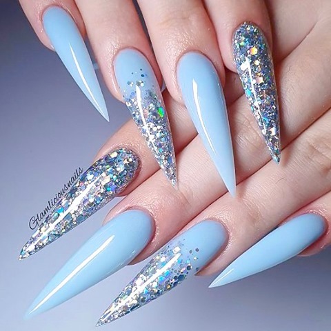 Pastel Blue Stiletto Nails with Sparkles