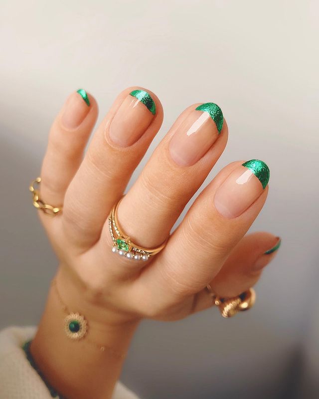 Metallic Green Classic French Manicure with Nude Nail Beds