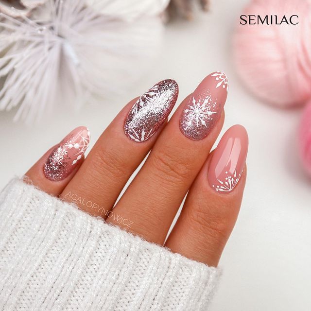 Shimmery Rose Ombre Nails with Snowflake Decals