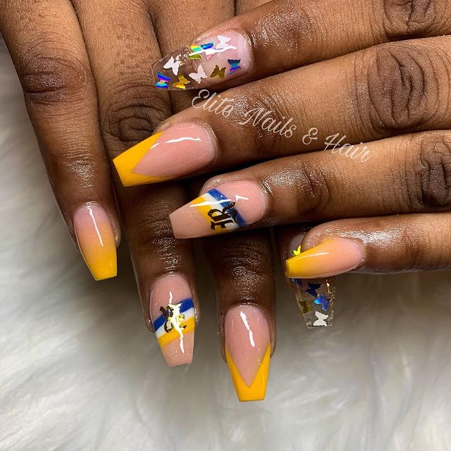 Sporty Blue and Yellow Nail Art with Butterflies