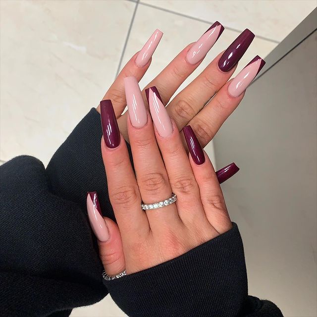 Burgundy Nails with Nude Highlights