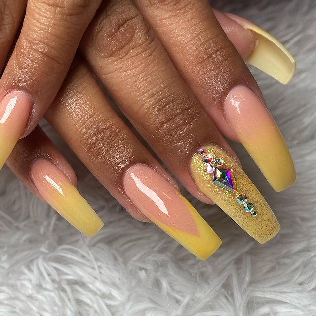 Mellow Yellow French Manicure with Big Bling